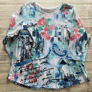 Greek Town Floral Print Crew Neck Cotton Blend 2 3 Sleeve T-Shirt Size L